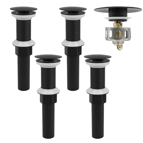 Bathroom Sink Drain,4 Pack Drain Stopper Without Overflow,Pop Up Drain Assembly with Detachable Strainer Basket,Built-in Anti-Clogging, Stainless Steel Nut Mattle Black - color: 4 Pack-matte Black-big Cap, style: Without Overflow