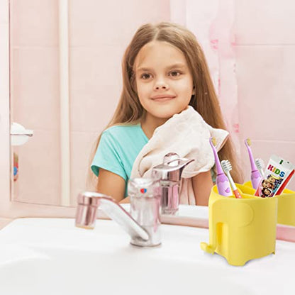 Elephant Toothbrush Holder for Kids, Suction Cup Electric Toothbrush and Toothpaste Holder for Toddler, Cute Toddler Toothbrush Holder with 3 Slots and a Hook for Hanging Bath Ball, Yellow - color: Yellow
