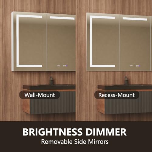 84" W Smart Lighted Medicine Cabinet with Mirror for Bathroom, Recessed/Surface Mount Medicine Cabinet with Anti-Fog, 1800W Charging Station, USB Ports, 3 Color Lights