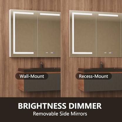 84" W Smart Lighted Medicine Cabinet with Mirror for Bathroom, Recessed/Surface Mount Medicine Cabinet with Anti-Fog, 1800W Charging Station, USB Ports, 3 Color Lights