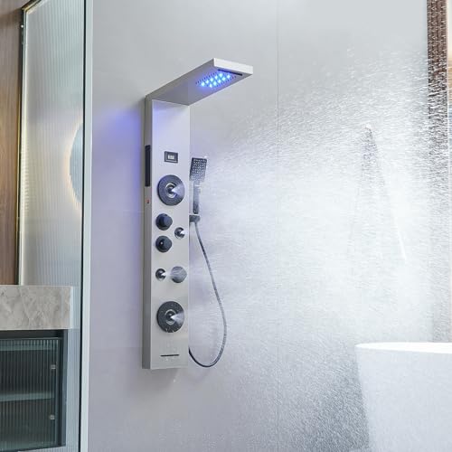 BWE Stainless Steel Shower Panel Tower System,LED Rainfall Waterfall Shower Head,4 Massage Body Jets,3 Functions Handhels Shower and Waterfall Tub Spout,Wall Mounted Shower Panel with Temp Display - color: Brushed Nickel and Black