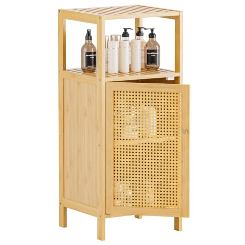 HITNET Bathroom Storage Cabinet Rattan, Small Bamboo Floor Cabinet with Single Door and Open Shelf, Freestanding Narrow Cupboard for Living Room, Kitchen, Entryway, Natural - color: Natural