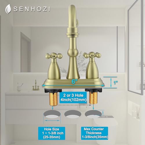 Antique Bathroom Faucet Brushed Gold, Senhozi Cross Handles Centerset Bathroom Faucet for Sink 3 Hole with Overflow Pop Up Drain Assembly and Supply Hose, SUS304 RV Bathroom Faucet 3 Hole, SE-0038-BG - color: Brushed Gold