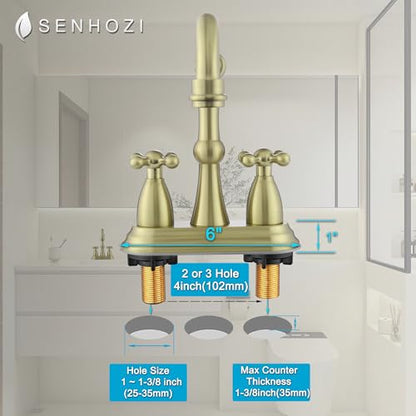 Antique Bathroom Faucet Brushed Gold, Senhozi Cross Handles Centerset Bathroom Faucet for Sink 3 Hole with Overflow Pop Up Drain Assembly and Supply Hose, SUS304 RV Bathroom Faucet 3 Hole, SE-0038-BG - color: Brushed Gold