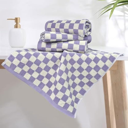 Wash Cloths Checkered 4 Pack (Lilac) - Cotton Washcloths for Face Body | 13 x 13 Inches Daily Cleansing Kitchen Towels - color: Lilac