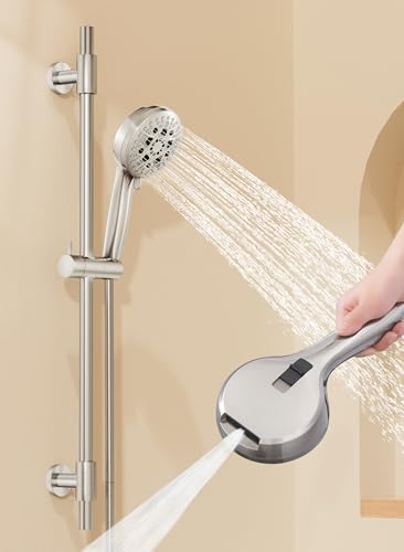 KES 30-Inch Shower Slide Bar with High Pressure 9 Functions Adjustable Handheld Shower Head & 59-Inch Hose, Built-in Power Wash to Clean Tub Tile & Pet, Wall Mount Brushed Finish 18/8 Stainless Steel - color: Brushed Nickel