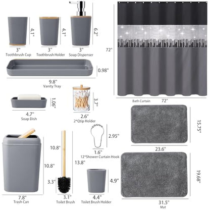Bathroom Accessories Set with Glitter Shower Curtain and Bath Mats, 24 Piece Grey Shower Curtain Set,Bathroom Accessories Set Complete for Home Decor - size: Bath Set+Shower Curtain+Bath Rugs, style: Grey