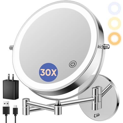 FUNTOUCH 9" Rechargeable Wall Mounted Makeup Mirror with Lights 1X/30X | 5000mAh Double Sided Magnifying Mirror with Dimmable 3 Color Light, Extended Arm 360° Wall Mount Bathroom Mirror-Chrome - color: Stain Chrome
