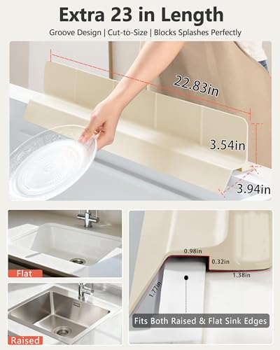 Kitchen Sink Splash Guard 23" 18" 30" Self-Draining Silicone Water Guard with High Splash Wall & Strong Suction Cups for Faucet, Countertop & Sink Edge, Keeps Sinks Dry, Dishwasher Safe,Cream - color: Cream, size: 23" x 3.5"