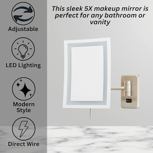 JERDON Hardwired Wall-Mount Makeup Mirror - 5X/1X - Nickel - JRT710NLD | 6.5" x 9" Rectangular Frame, LED Lighting, Direct Wire Install - color: Nickel Direct Wire