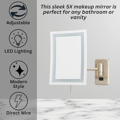 JERDON Hardwired Wall-Mount Makeup Mirror - 5X/1X - Nickel - JRT710NLD | 6.5" x 9" Rectangular Frame, LED Lighting, Direct Wire Install - color: Nickel Direct Wire