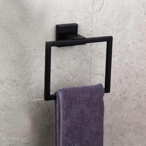 Towel Ring Stainless Steel Square Towel Rack Bathroom Vanity Towel Hanging Ring Hand Towel Holder for Bathroom Wall Hand Towel Holder -Towel Ring Black