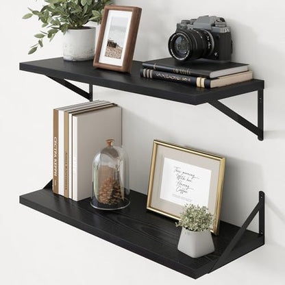 Deep Floating Shelves - 30 Inch Black Floating Shelves Set of 2-12 Inch Deep Wood Wall Shelves for Living Room Bathroom Kitchen - color: Black, size: 30W x 12D