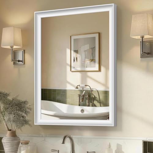 USHOWER White Bathroom Mirrors for Over Sink 22x30 Inch, Aluminum Framed Rectangle Vanity Mirror for Wall, Bedroom, Living Room, Entryway, Farmhouse, Anti-Rust, HD Tempered Glass, Horizontal/Vertical - color: White, size: 30"L x 22"W