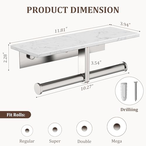 BWE Double Toilet Paper Holder with Shelf Wall Mounted Tissue Roll Holder | Commercial Toilet Paper Dispenser for Bathroom Marble Toilet Paper Storage Holder with Phone Shelf (Brushed Nickel) - color: Double Brushed Nickel