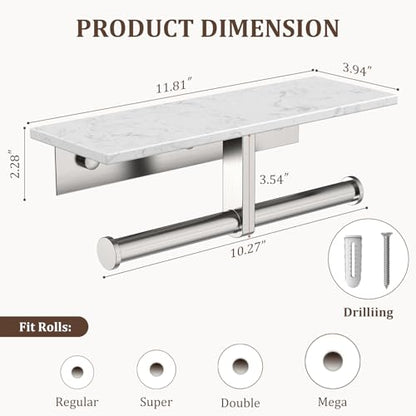 BWE Double Toilet Paper Holder with Shelf Wall Mounted Tissue Roll Holder | Commercial Toilet Paper Dispenser for Bathroom Marble Toilet Paper Storage Holder with Phone Shelf (Brushed Nickel) - color: Double Brushed Nickel
