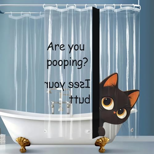 Clear Cute Funny Black Cat Shower Curtain Liner, Are You Pooping Shower Curtain, Fun Anime Cat Shower Curtains for Bathroom, 72x72 Plastic Cool Summer Shower Curtain Set with Weighted Magnets 12 Hooks - color: Clear Black Cat, size: 72"W x 72"L (Pack of 1