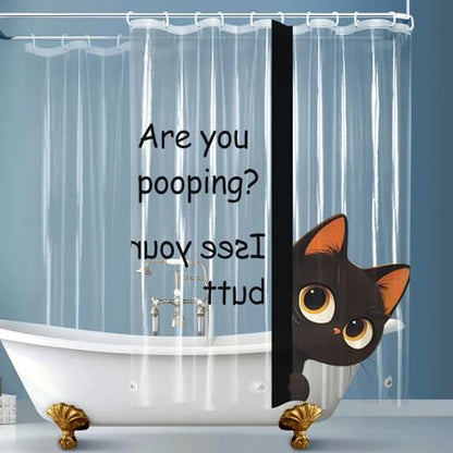 Clear Cute Funny Black Cat Shower Curtain Liner, Are You Pooping Shower Curtain, Fun Anime Cat Shower Curtains for Bathroom, 72x78 Plastic Cool Summer Shower Curtain Set with Weighted Magnets 12 Hooks - color: Clear Black Cat, size: 72"W x 78"L (Pack of 1