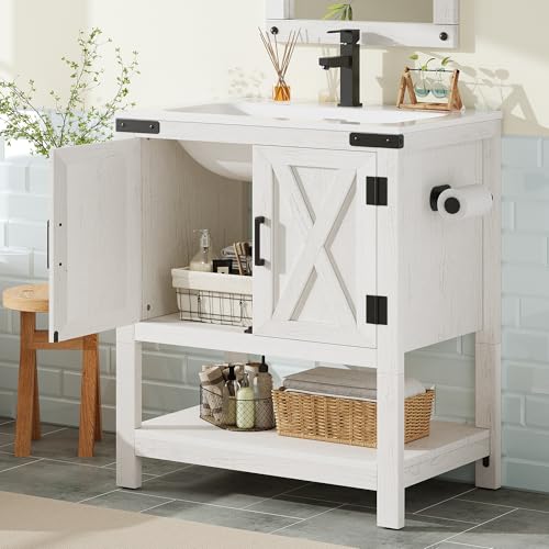 AMERLIFE 24" White Farmhouse Bathroom Vanity with Sink and Open Shelf | Antique White, Single Solid White Integrated Top, Moisture-Resistant MDF, Barn Doors, Open Shelf, Paper Towel Holder - color: Antique White, size: 24“