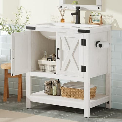 AMERLIFE 24" White Farmhouse Bathroom Vanity with Sink and Open Shelf | Antique White, Single Solid White Integrated Top, Moisture-Resistant MDF, Barn Doors, Open Shelf, Paper Towel Holder - color: Antique White, size: 24“