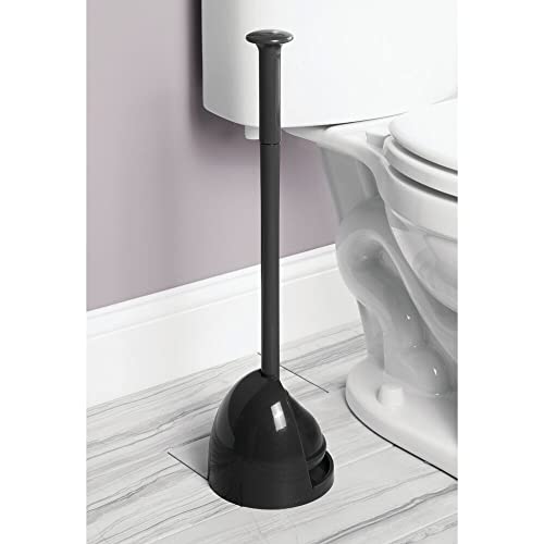 mDesign Plastic Freestanding Hideaway Toilet Bowl Plunger with Holder Set - Plunger for Bathroom Storage and Cleaning Organization - Heavy Duty, Space Saving - Aura Collection - Black