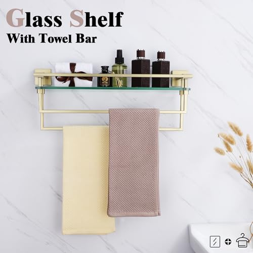 LANC Bathroom Glass Shelf with Towel Bars 20-Inch Floating Tempered Glass Shelves with 2 Towel Rails Brushed Gold Cologne Shelf for Men Shower Bath Storage Glass Rack Wall Mount Heavy Duty，A7617BG - color: Brushed Gold