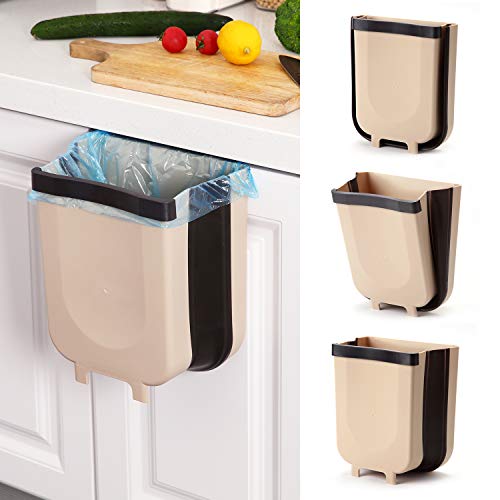 Hanging Collapsible Trash Can - 9L Wall Mounted Foldable Waste Bin for Kitchen Cabinet Door - Quickly Clean Counter, Sink, Bathroom - RV, Car, Camping Folding Garbage Basket (Brown)