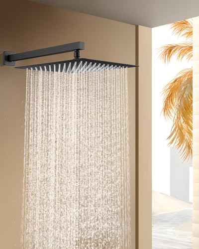 All Metal Matte Black Rainfall Shower Head with Extension Arm, 12" Large Rain Square Showerhead with 16" Long Shower Arm Stainless Steel, 144 Silicone Nozzles Waterfall Full Body Coverage - color: Matte Black