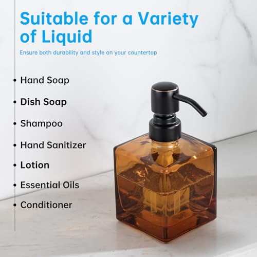 Square Bathroom Soap Dispenser Amber Bottle with Oil Rubbed Bronze Pump, Retangle Cube 8.4 oz Glass Bottles with Stainless Steel Pump Hand Liquid Soap Dispenser Kitchen - color: Amber and Oil Rubbed Bronze