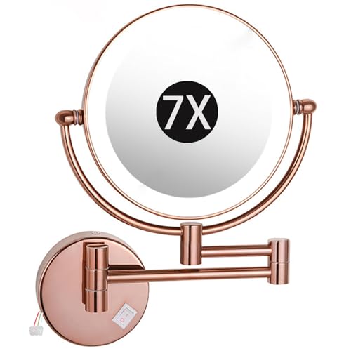 8" Wall Mounted Lighted Makeup Mirror, Hardwired Double Sided LED Magnifying Extended Arm 360° Swivel Bathroom Vanity Mirror,Rose Gold,7X - color: Rose Gold, size: 7X