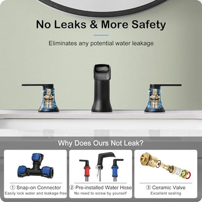 Black Bathroom Faucet 3 Hole, Brass Bathroom Waterfall Faucet 2 Handle, 4-16 Inch Widespread Bathroom Sink Faucets, Restroom Sink Faucet for Vanity with Supply Hoses, NO Equipped Pop-up Drain - color: Matte Black, style: NO Pop Up Drain