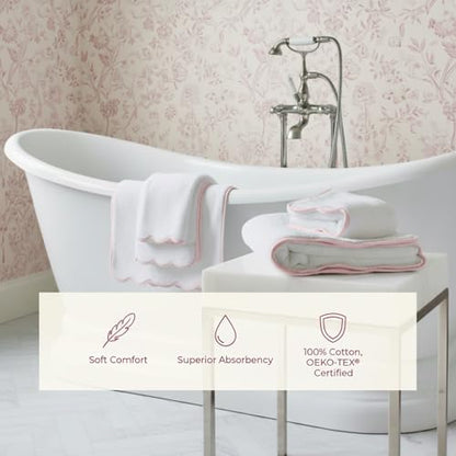 Lotus Linen Scallop Piping Towel Set of 6, 620 GSM 100% Zero Twist Cotton, 2 Bath, 2 Hand Towels, 2 Washcloths, Hanging Loops, Soft Absorbent Bathroom Essentials (Pink Piping, Towel Set (Pack of 6)) - color: Pink Piping, size: Towel Set (Pack of 6)