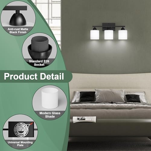 Black Bathroom Lights Over Mirror, Anti-rust Vanity Light Fixture for Bathroom, Modern 3-Light Wall Sconce Light for Living Room, Standard E26 Base, Milky White Glass Shades, Bulbs Not Included - color: Black-3Light