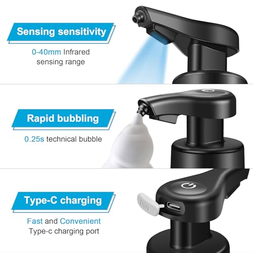 Automatic Foaming Soap Dispenser Touchless Hands-Free: Black Modern Smart Electric Sensor Clog-Free Design for Kitchen & Bathroom, Easy for Kids, Modern Acrylic
