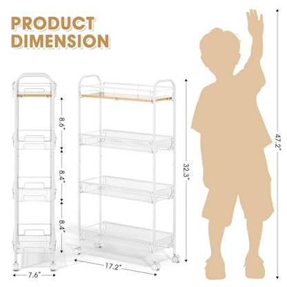 TOOLF 4-Tier Slim Rolling Cart, Metal Utility Cart, Slide Out Storage Cart with Wooden Tabletop and Mesh Baskets for Narrow Space on Kitchen Bathroom Laundry Room Bedroom Apartments Dormitory - size: Slim, style: White
