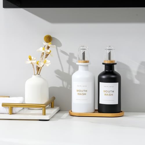 11.8OZ Mouthwash Dispenser, Set of 2 (Black/White) | Bamboo & Stainless Steel Pour Spout, Mouthwash Cups Reusable, Bamboo Tray, Elegant Gold Label - color: Black/White/350*2