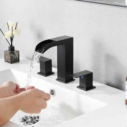 VCCUCINE Black Bathroom Faucet 3 Hole, 8 Inch Widespread Square Waterfall Bathroom Sink Faucet,Matte Black Vanity Bathroom Faucets for Vanity, Restroom, Commercial with Pop Up Drain and Supply Lines