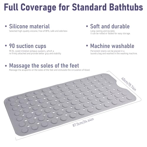 Bath Mat for Tub Non Slip 35*16 In, Silicone Anti Slip Shower Mat Bathtub Acupressure Relief for Kids Elderly Machine Washable with Antislip Textured Safety Strong Suction Cups & Drain Holes Easy Dry - color: Purple
