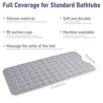 Bath Mat for Tub Non Slip 35*16 In, Silicone Anti Slip Shower Mat Bathtub Acupressure Relief for Kids Elderly Machine Washable with Antislip Textured Safety Strong Suction Cups & Drain Holes Easy Dry - color: Purple