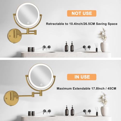 8" Lighted Wall Mounted Makeup Mirror 1X/10X Magnification Gold | Rechargeable, 2 Sided, 3 Color LED with Touch Dimming, 360 Swivel Extendable Arm Vanity Shaving, Brushed Moderne Brass - color: Brushed Moderne Brass
