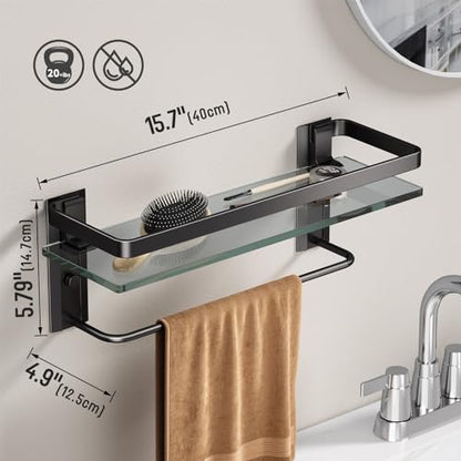 Bathroom Wall Shelf with Towel Bar, Clear Tempered Glass, Hand Towel Holder (Matte Black) - color: Black, size: Shelf with Towel Bar