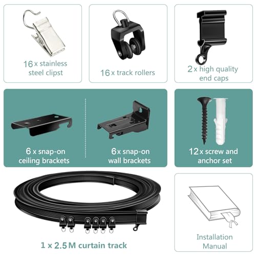 Ceiling Curtain Track, Flexible Bendable Curtain Track 8 Ft Black Curved Curtain Rail Track Ceiling Wall Mount Sliding Curtain Ceiling Track System Set for RV, Bay Window, Room Divider - color: Black, size: 8Ft