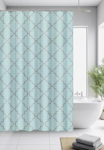 Serafina Home Geometric Aqua Fabric Shower Curtain, Blue Grey Damask Moroccan Design, 70x72 Inch, with 12 Rollerball Hooks - color: Portman Geo
