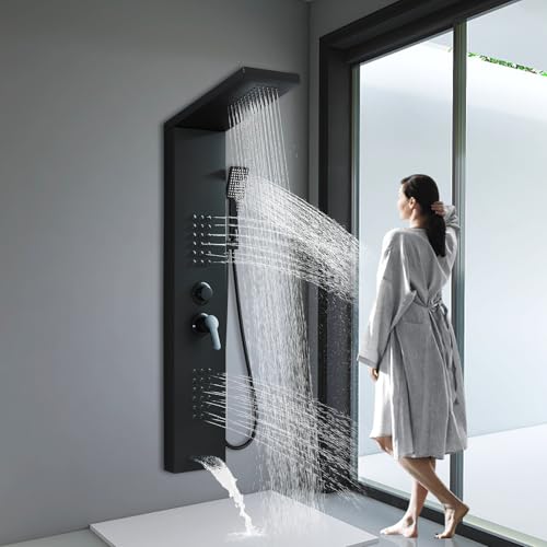 Black Shower Panel Modern Shower Tower System with Full Body Shower Jets System Handheld Spray Wall Mount Shower Panels Faucet - color: Black-5023
