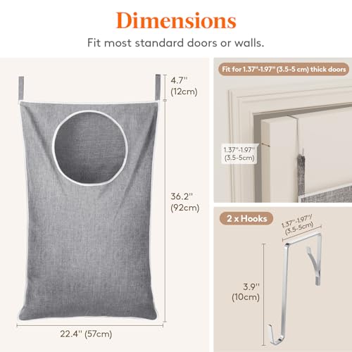 Over Door Laundry Hamper, Large Collapsible Hanging Laundry Hamper, Hanging Laundry Basket Bag for Bathroom Bedroom Dirty Clothes Storage Organizer, Light Gray