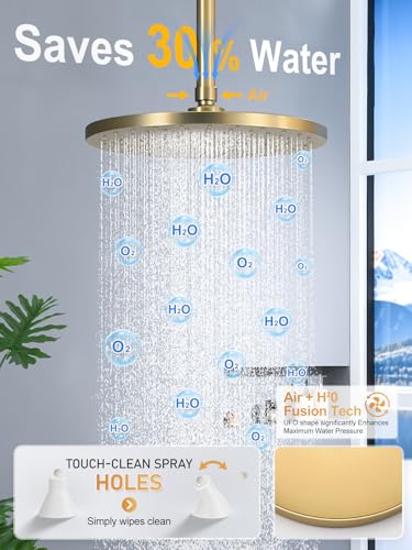 Woindo Shower Faucet Set 10" Rain Shower Head/8'' Side Shower Head and 3 Setting Handheld Ceiling Mount 3 Push Button Diverter Complete Rainfall Round Shower System Included Valve Trim Kit - color: Brushed Gold, style: 10"-R-Ceiling-02