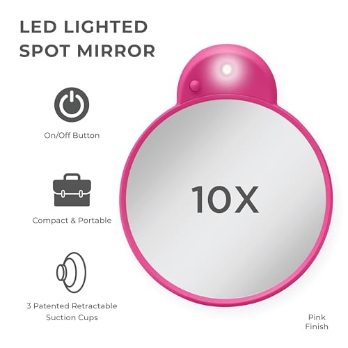 Compact Mirror with Light & Magnification, Retractable Suction Cups by Zadro - color: Pink