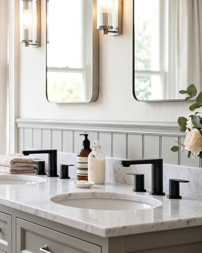 BWE 2 Pack Matte Black Bathroom Faucet 3 Hole 8 Inch Widespread | Bathroom Faucets with Pop-up Drain and Supply Lines, 360° Swivel Spout 2-Handle Bathroom Sink Faucet for Bath Vanity - color: Matte Black, 2 Pack, size: 8 Inches Widespread