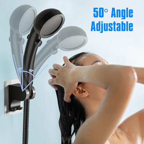 JONKEAN 3m Shower Head Holder Without Drilling Black, 1 Pack | 2 Practical Hooks Design, Angle Adjustable Bracket, Fits G1/2 Shower Hose, Easy to Install No drilling Required - style: Black