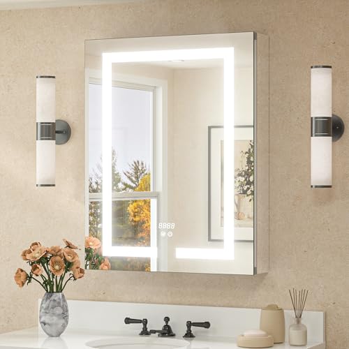 TETOTE 24 x 30 LED Lighted Medicine Cabinet with Lights & Outlets & USB, Recessed or Surface Mount Medicine Cabinet Mirror for Bathroom with Storage, Tempered Glass, 3-Color Dimming, Adjustable Shelf - size: 24x30